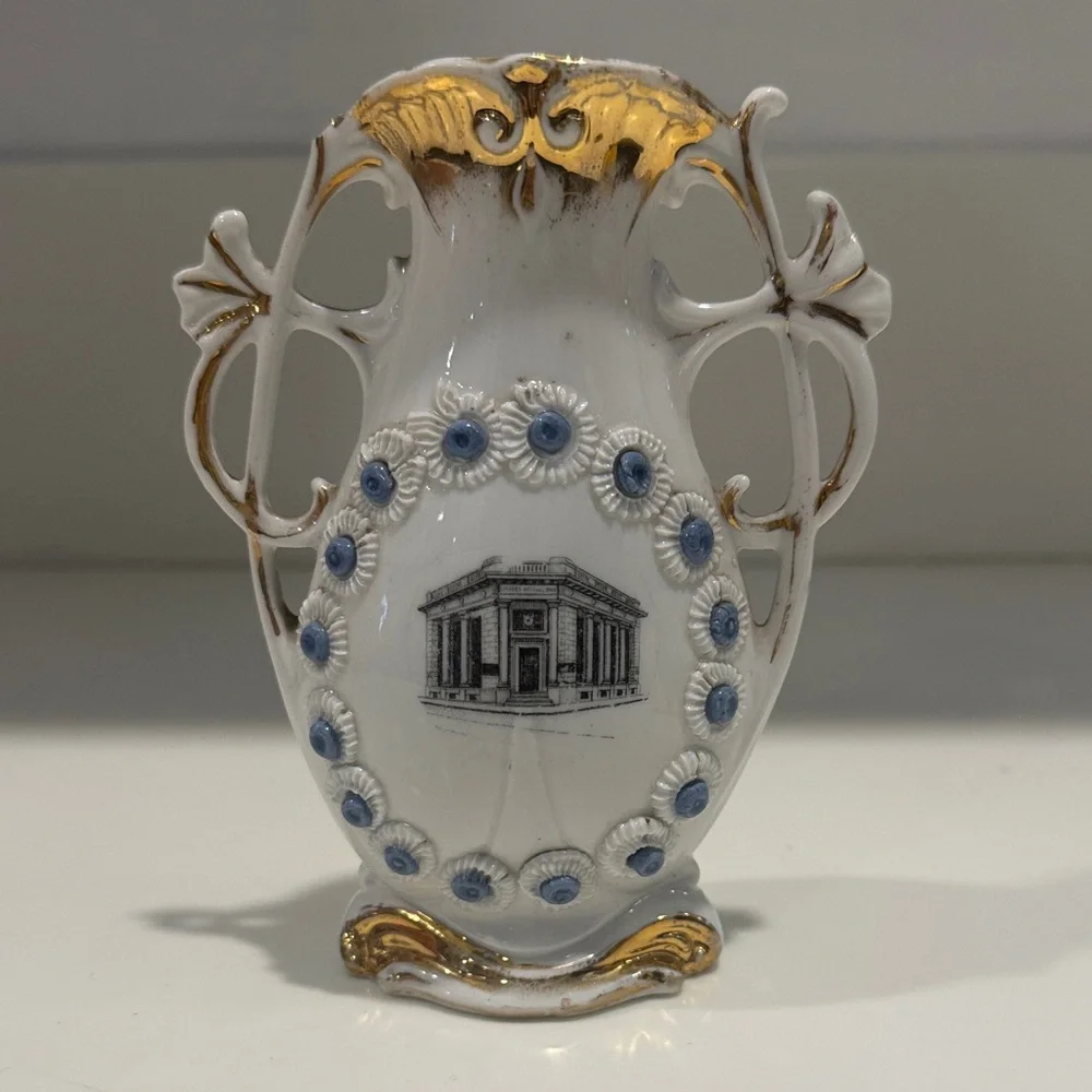 Vintage Decorative Porcelain Bud Vase - Citizens National Bank 24k Gold Accents